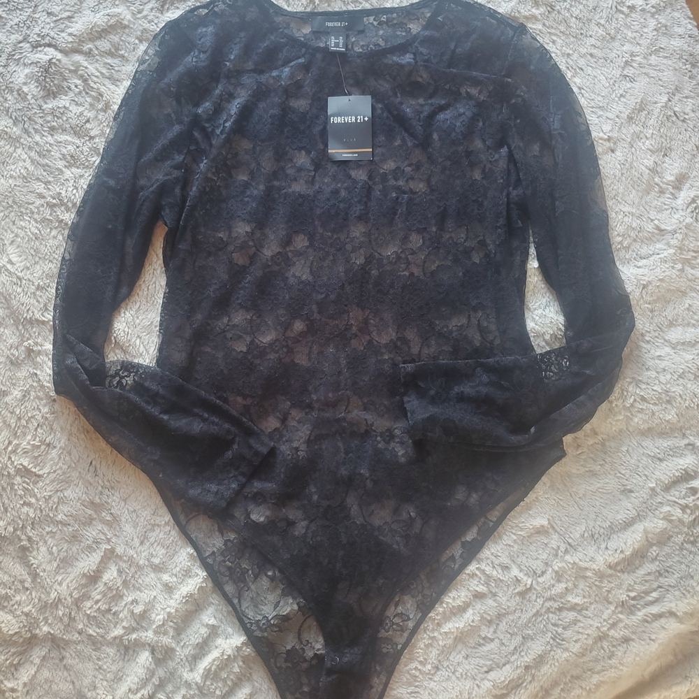 Forever 21 Black Sheer Lace Long-Sleeve Bodysuit